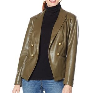 NWOT G by Giuliana Vegan Faux Leather Moto Jacket. Olive Green w/Brass Buttons.